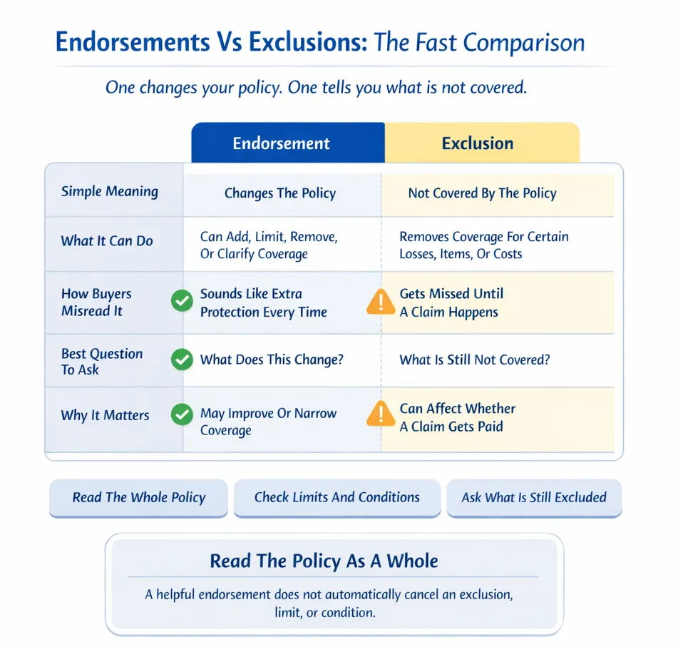 Square infographic comparing endorsements and exclusions in home insurance Canada, with a side-by-side table showing simple meaning, what each does, common misunderstandings, key questions to ask, and why each matters, plus a reminder to read the policy as a whole.